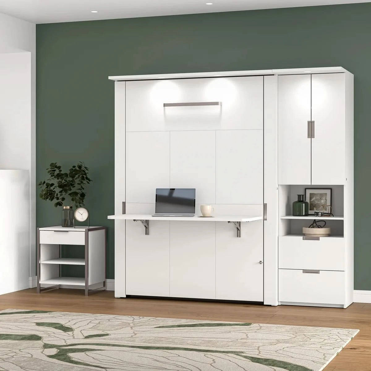Lumina Full Murphy Bed with Desk and Storage Cabinet, White