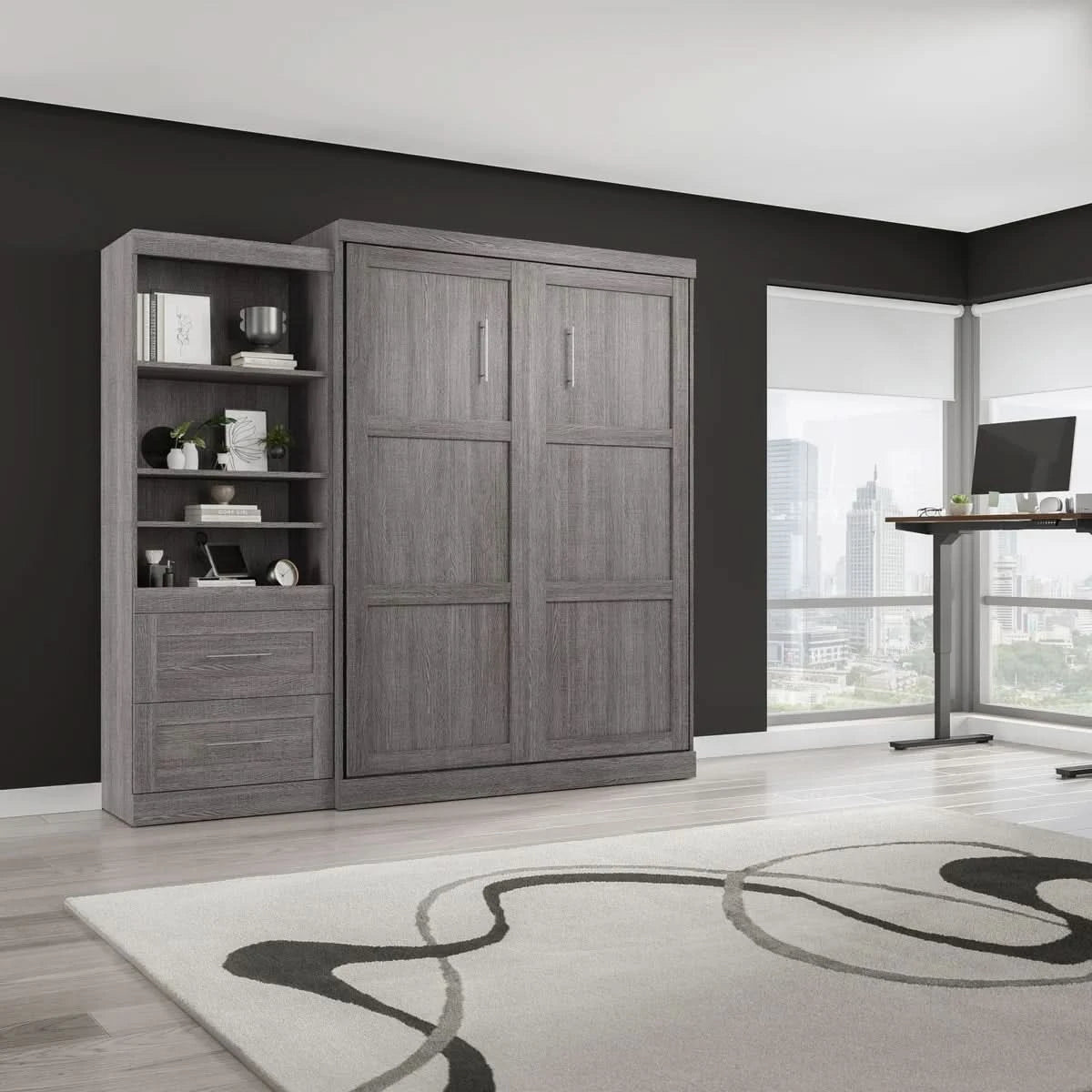 Boutique Queen Murphy Bed and Shelving Unit with Drawers and Pull-Out Shelf