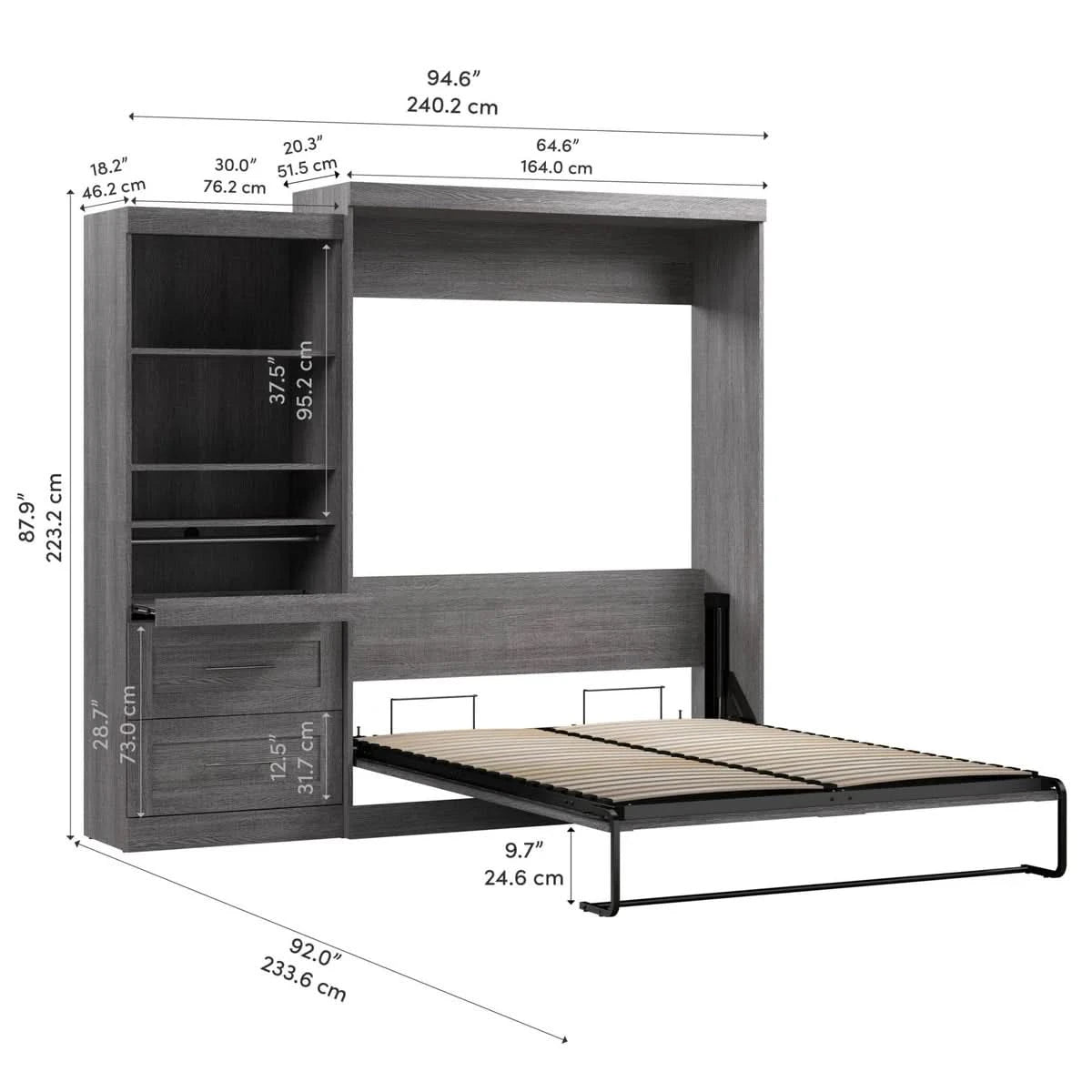 Boutique Queen Murphy Bed and Shelving Unit with Drawers and Pull-Out Shelf