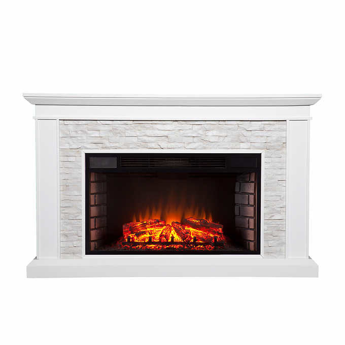 Ledgestone Electric Fireplace with Stacked Stone – White / Gray