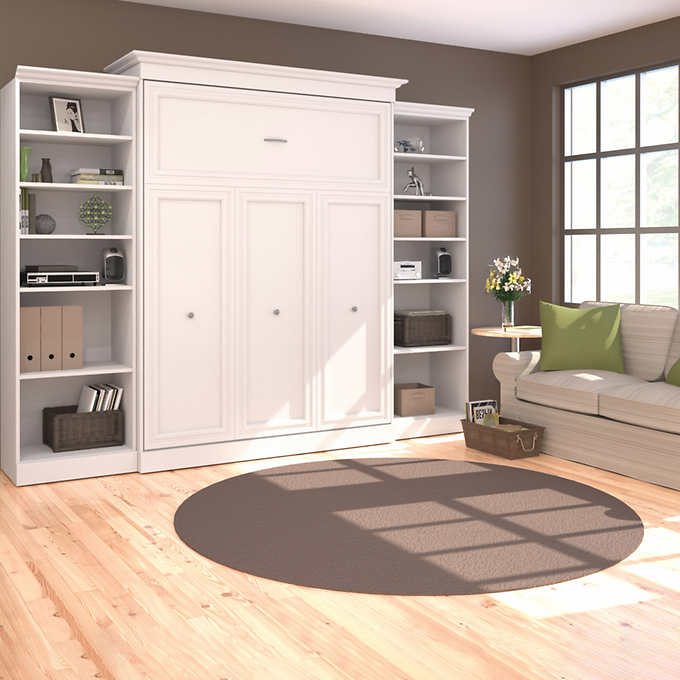 Audrea Queen Wall Bed in White with two 25" Storage Units